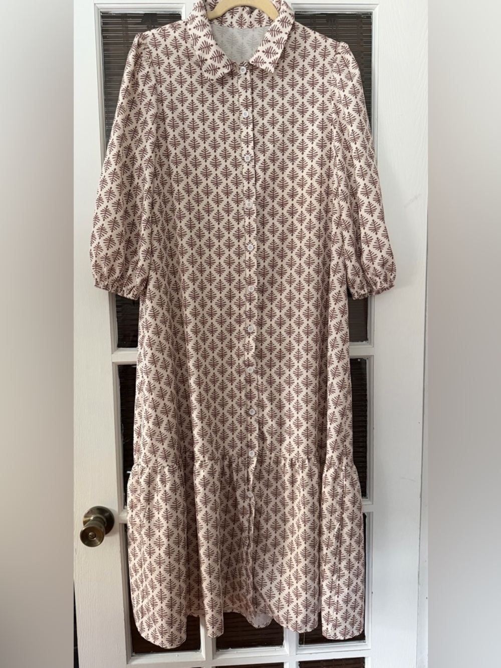 SHEIN Women’s L Cream Brown Midi Ruffle Trim Shirt Dress | SKU 0082
